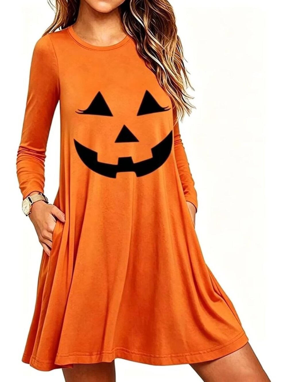 🎃Women's Orange Halloween A-line Suitable Long Sleeve Pocketed Holiday Dresses
